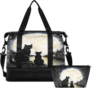 Travel Duffel Tote Bag Black Cat Sports Duffel Bag with Wet Pocket Weekender Overnight Bag for Women Men Gym Bag, Carry On Bag Hospital Bag for Labor and Delivery