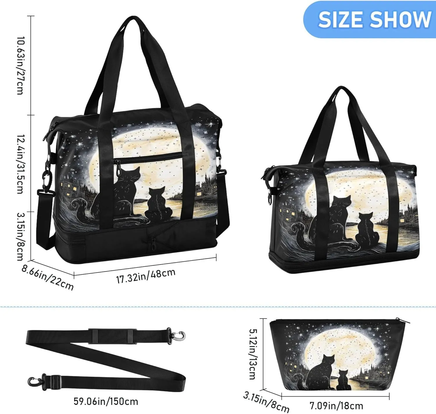 Travel Duffel Tote Bag Black Cat Sports Duffel Bag with Wet Pocket Weekender Overnight Bag for Women Men Gym Bag, Carry On Bag Hospital Bag for Labor and Delivery