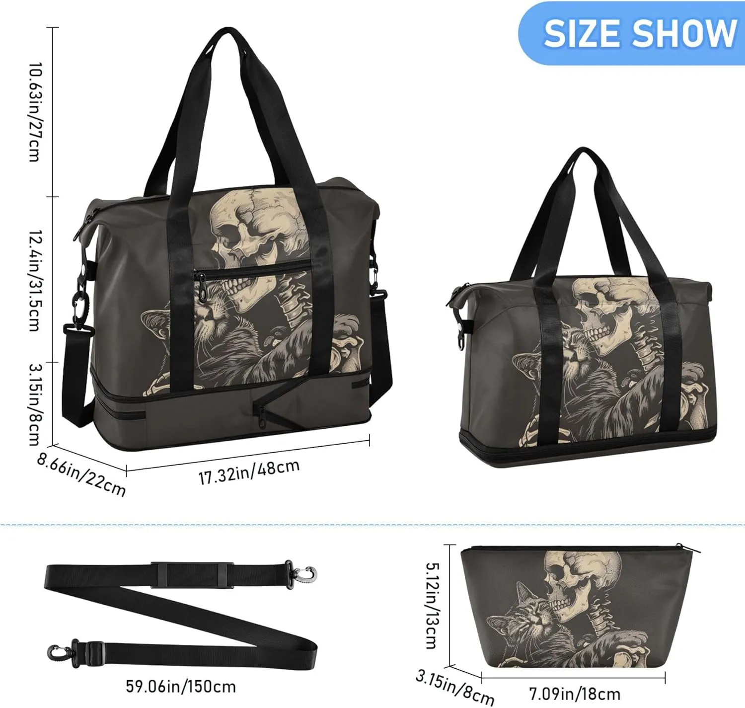Travel Duffel Tote Bag Cat Snuggled Human Skeletal Skull Sports Duffel Bag with Wet Pocket Weekender Overnight Bag for Women Men Gym Bag, Carry On Bag Hospital Bag for Labor and Delivery