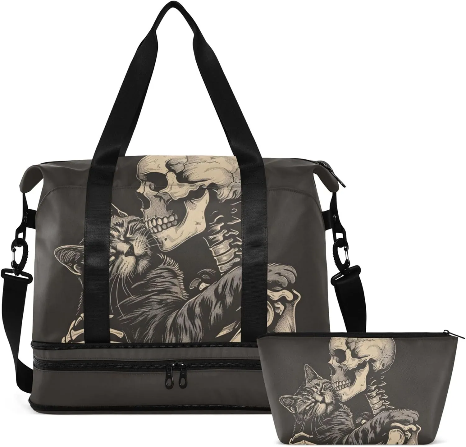 Travel Duffel Tote Bag Cat Snuggled Human Skeletal Skull Sports Duffel Bag with Wet Pocket Weekender Overnight Bag for Women Men Gym Bag, Carry On Bag Hospital Bag for Labor and Delivery