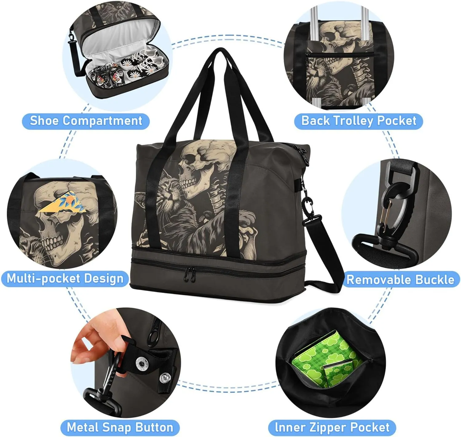 Travel Duffel Tote Bag Cat Snuggled Human Skeletal Skull Sports Duffel Bag with Wet Pocket Weekender Overnight Bag for Women Men Gym Bag, Carry On Bag Hospital Bag for Labor and Delivery
