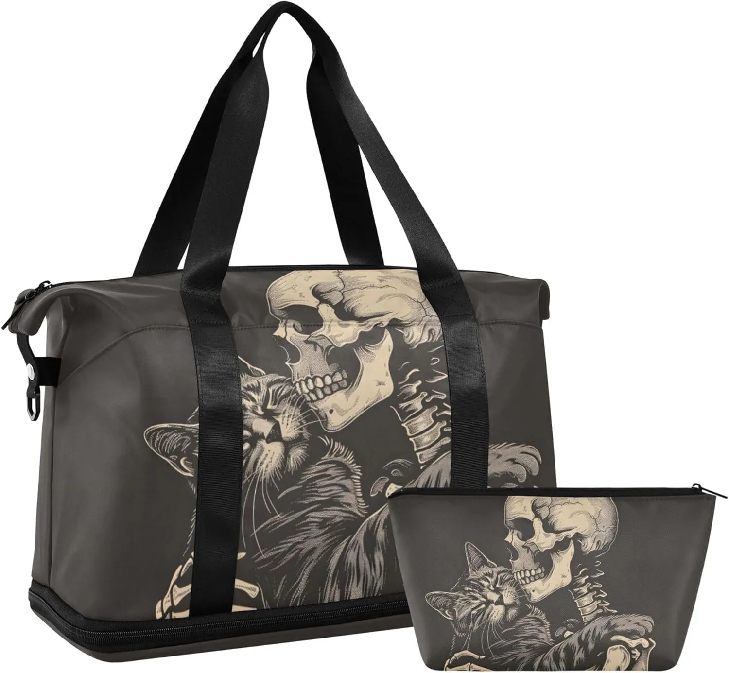 Travel Duffel Tote Bag Cat Snuggled Human Skeletal Skull Sports Duffel Bag with Wet Pocket Weekender Overnight Bag for Women Men Gym Bag, Carry On Bag Hospital Bag for Labor and Delivery
