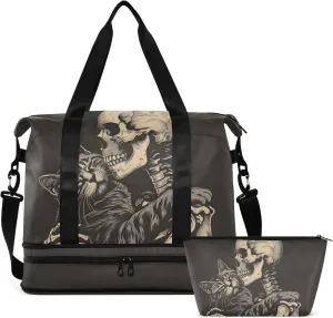 Travel Duffel Tote Bag Cat Snuggled Human Skeletal Skull Sports Duffel Bag with Wet Pocket Weekender Overnight Bag for Women Men Gym Bag, Carry On Bag Hospital Bag for Labor and Delivery