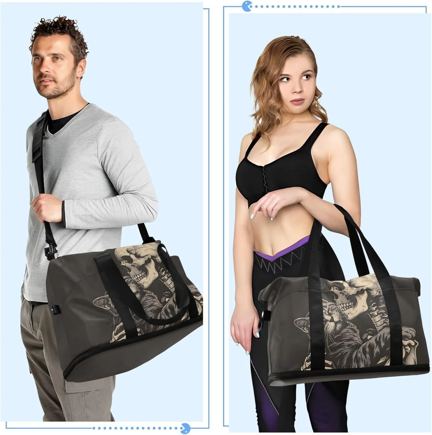 Travel Duffel Tote Bag Cat Snuggled Human Skeletal Skull Sports Duffel Bag with Wet Pocket Weekender Overnight Bag for Women Men Gym Bag, Carry On Bag Hospital Bag for Labor and Delivery