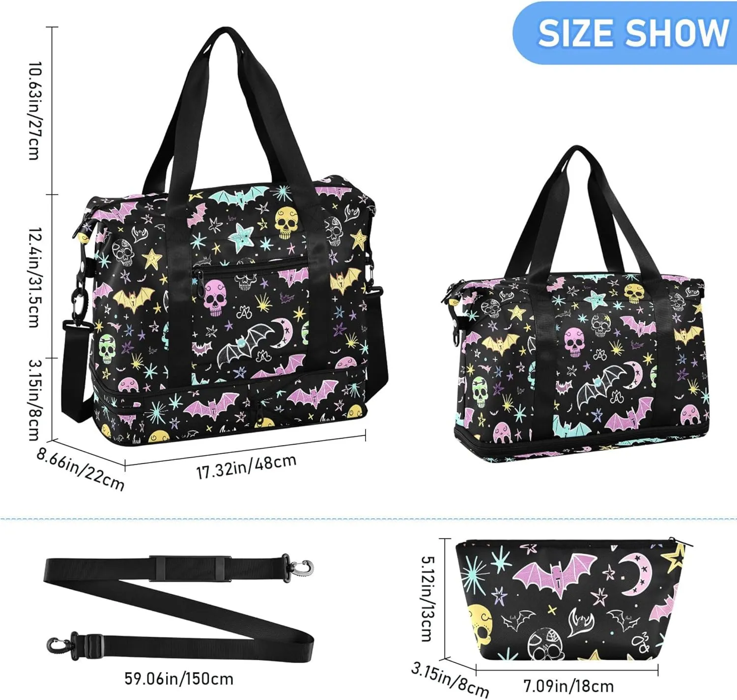 Travel Duffel Tote Bag Gothic Bat Skull Moon Sports Duffel Bag with Wet Pocket Weekender Overnight Bag for Women Men Gym Bag, Carry On Bag Hospital Bag for Labor and Delivery