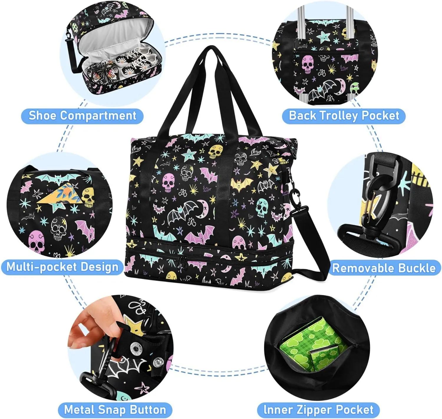 Travel Duffel Tote Bag Gothic Bat Skull Moon Sports Duffel Bag with Wet Pocket Weekender Overnight Bag for Women Men Gym Bag, Carry On Bag Hospital Bag for Labor and Delivery