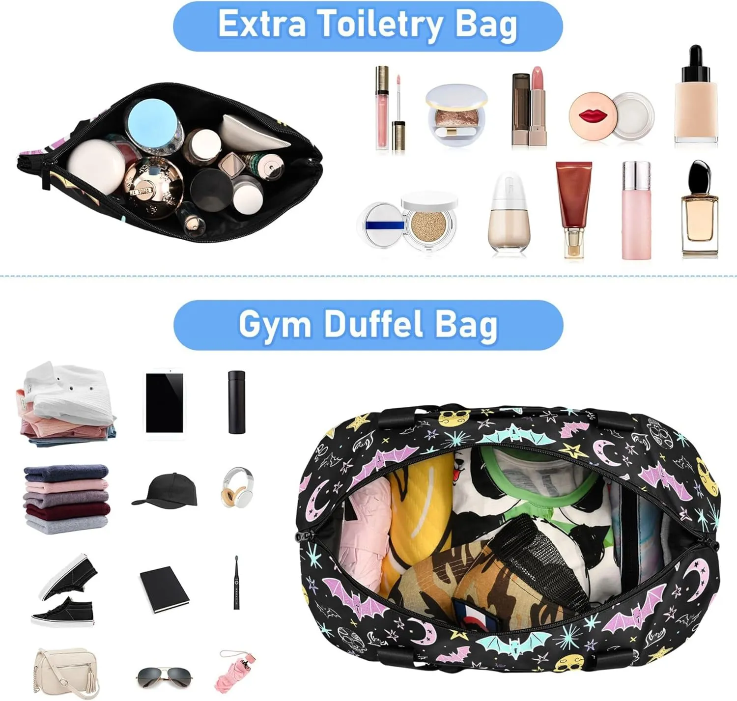 Travel Duffel Tote Bag Gothic Bat Skull Moon Sports Duffel Bag with Wet Pocket Weekender Overnight Bag for Women Men Gym Bag, Carry On Bag Hospital Bag for Labor and Delivery