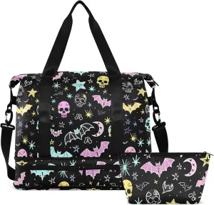 Travel Duffel Tote Bag Gothic Bat Skull Moon Sports Duffel Bag with Wet Pocket Weekender Overnight Bag for Women Men Gym Bag, Carry On Bag Hospital Bag for Labor and Delivery