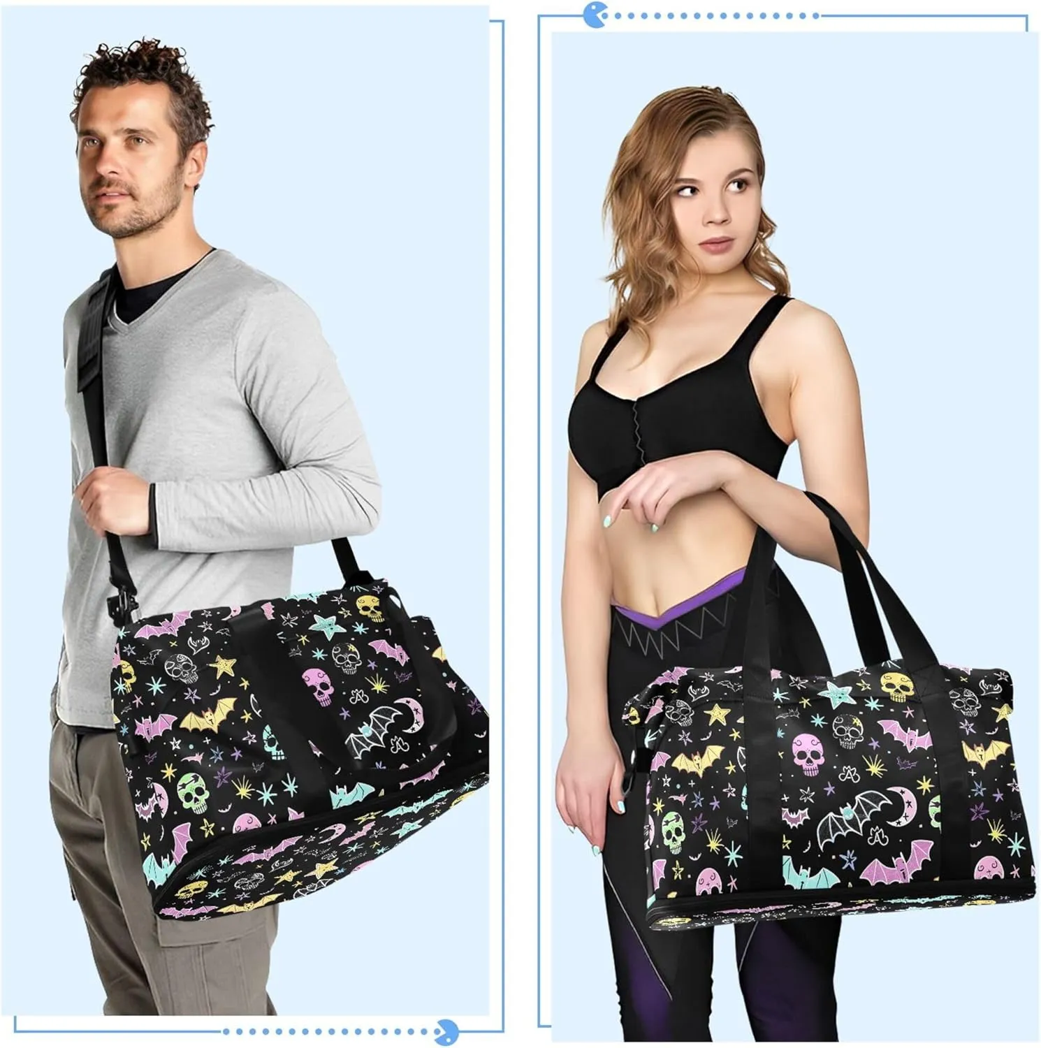 Travel Duffel Tote Bag Gothic Bat Skull Moon Sports Duffel Bag with Wet Pocket Weekender Overnight Bag for Women Men Gym Bag, Carry On Bag Hospital Bag for Labor and Delivery