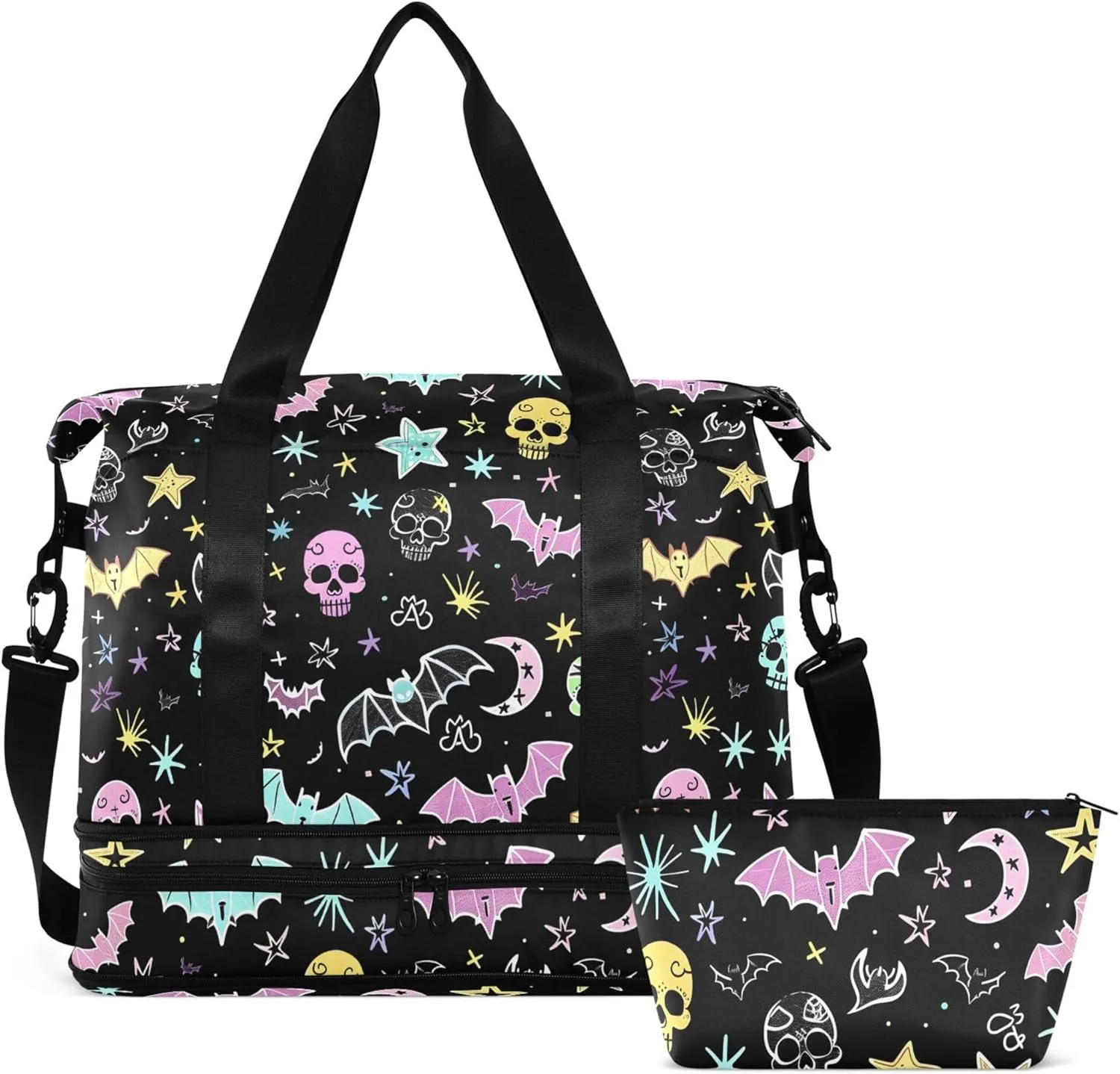 Travel Duffel Tote Bag Gothic Bat Skull Moon Sports Duffel Bag with Wet Pocket Weekender Overnight Bag for Women Men Gym Bag, Carry On Bag Hospital Bag for Labor and Delivery