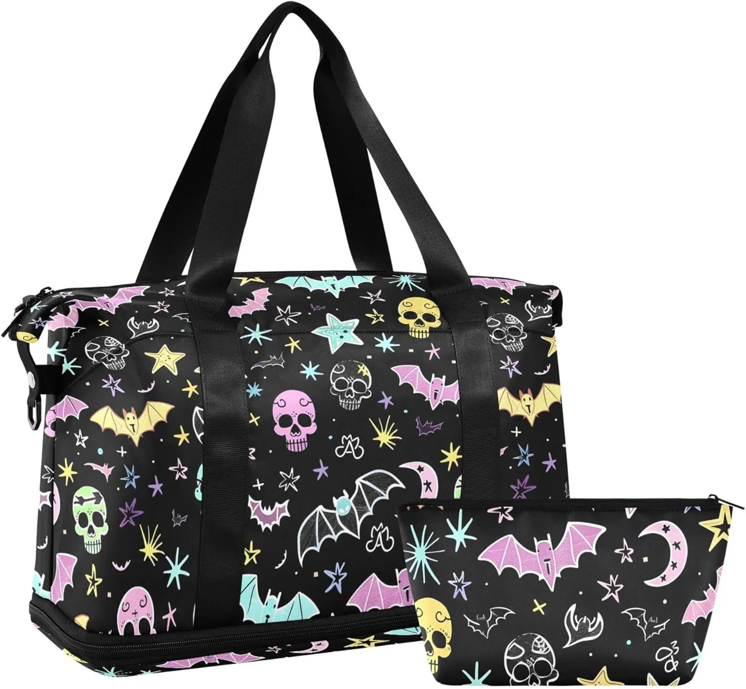 Travel Duffel Tote Bag Gothic Bat Skull Moon Sports Duffel Bag with Wet Pocket Weekender Overnight Bag for Women Men Gym Bag, Carry On Bag Hospital Bag for Labor and Delivery