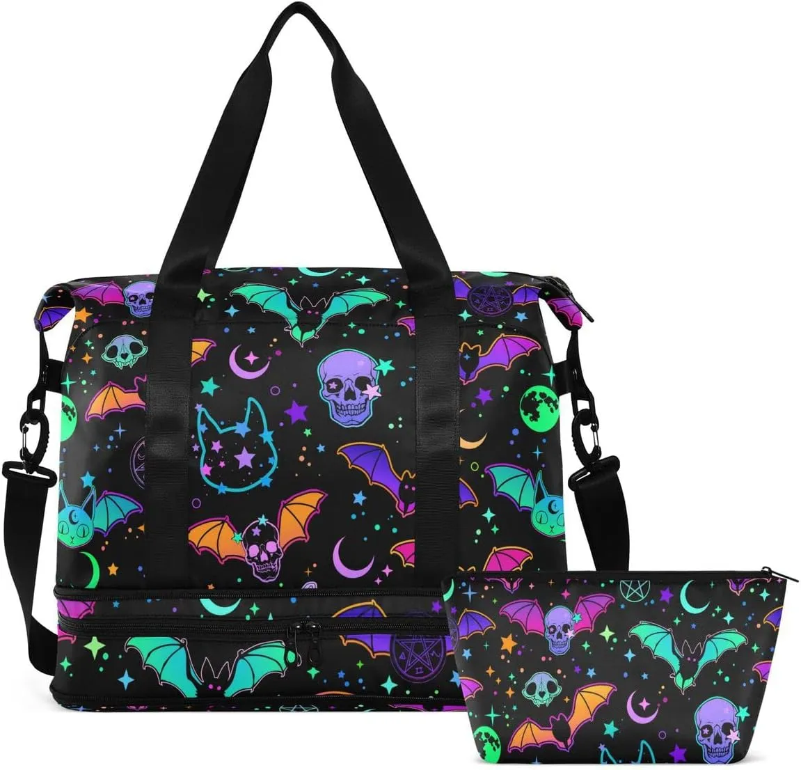Travel Duffel Tote Bag Magic Skulls Bat and Animal Sports Duffel Bag with Wet Pocket Weekender Overnight Bag for Women Men Gym Bag, Carry On Bag Hospital Bag for Labor and Delivery
