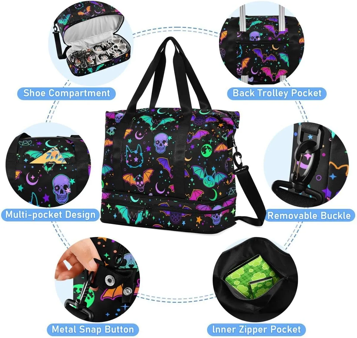 Travel Duffel Tote Bag Magic Skulls Bat and Animal Sports Duffel Bag with Wet Pocket Weekender Overnight Bag for Women Men Gym Bag, Carry On Bag Hospital Bag for Labor and Delivery