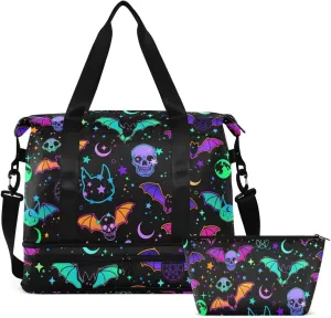 Travel Duffel Tote Bag Magic Skulls Bat and Animal Sports Duffel Bag with Wet Pocket Weekender Overnight Bag for Women Men Gym Bag, Carry On Bag Hospital Bag for Labor and Delivery