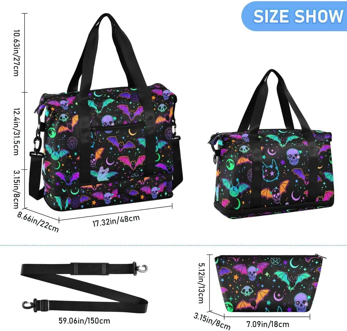 Travel Duffel Tote Bag Magic Skulls Bat and Animal Sports Duffel Bag with Wet Pocket Weekender Overnight Bag for Women Men Gym Bag, Carry On Bag Hospital Bag for Labor and Delivery