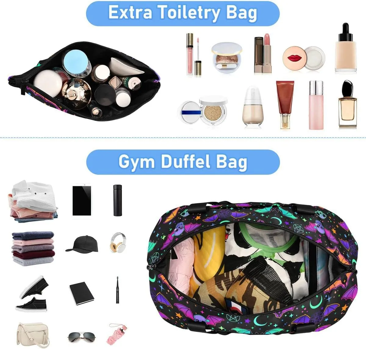 Travel Duffel Tote Bag Magic Skulls Bat and Animal Sports Duffel Bag with Wet Pocket Weekender Overnight Bag for Women Men Gym Bag, Carry On Bag Hospital Bag for Labor and Delivery