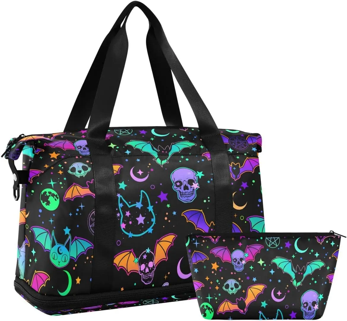Travel Duffel Tote Bag Magic Skulls Bat and Animal Sports Duffel Bag with Wet Pocket Weekender Overnight Bag for Women Men Gym Bag, Carry On Bag Hospital Bag for Labor and Delivery