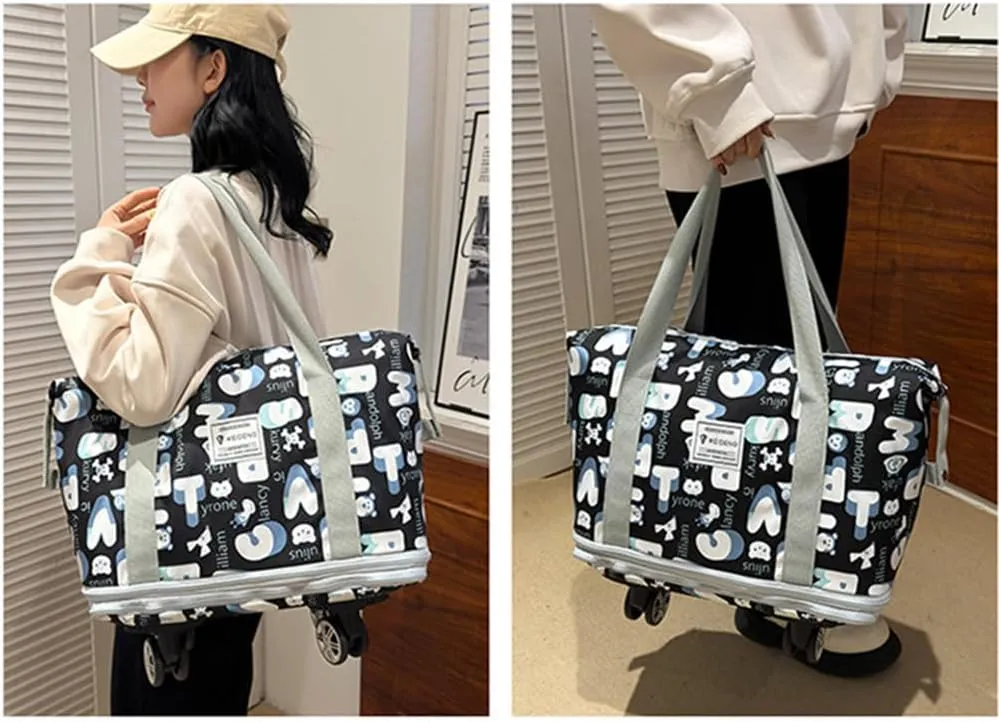 Travel Tote Bags with Trolley Sleeve Expandable Extra Waterproof Oxford Duffel Bag with Wheels