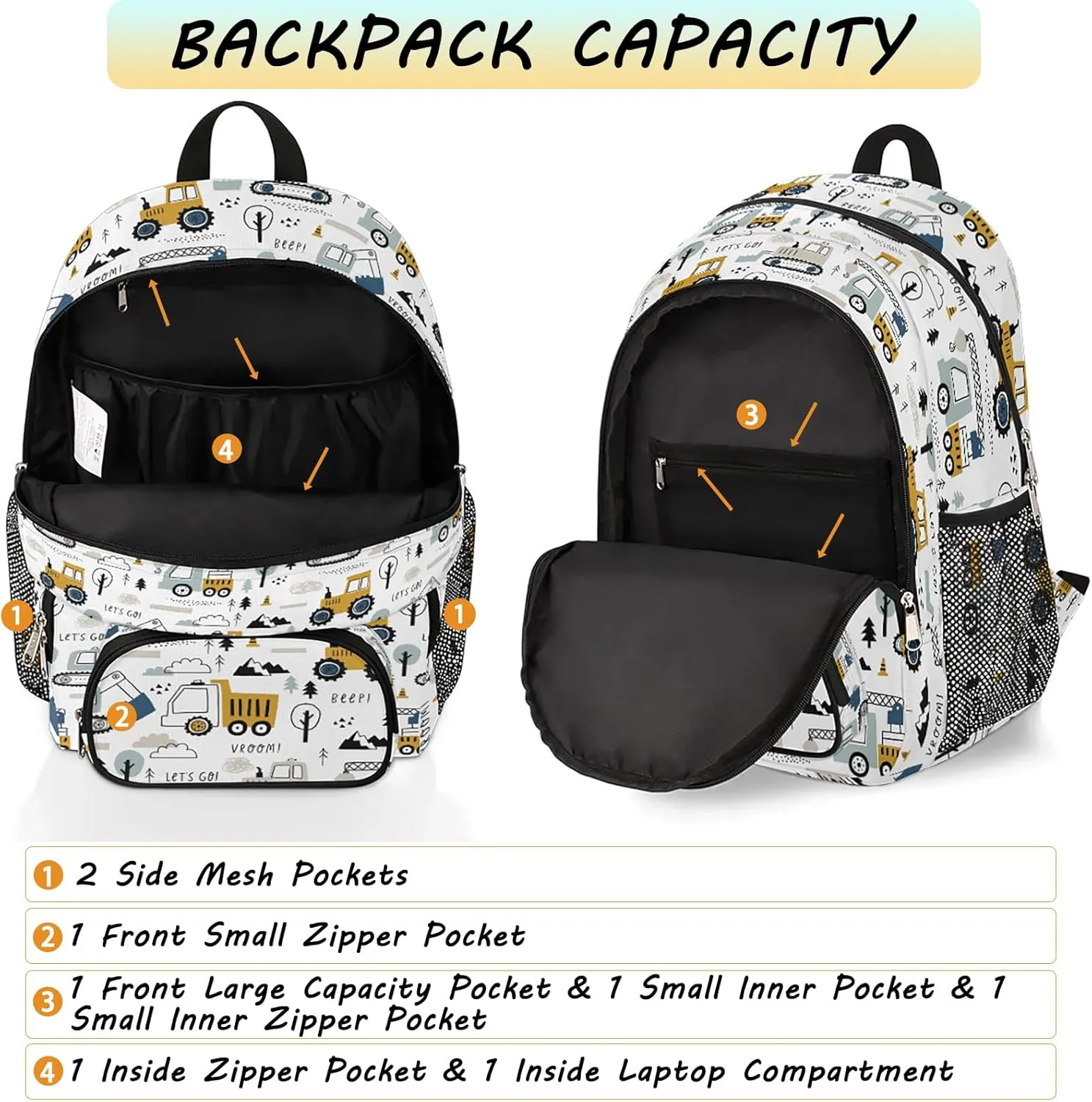 Trucks Tractors Excavators School Backpack for Boys, Kids Backpack Construction Elementary School Bags Bookbag Travel Back Pack Waterproof Lightweight 18 Inch White