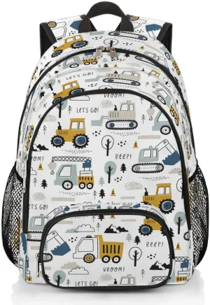 Trucks Tractors Excavators School Backpack for Boys, Kids Backpack Construction Elementary School Bags Bookbag Travel Back Pack Waterproof Lightweight 18 Inch White