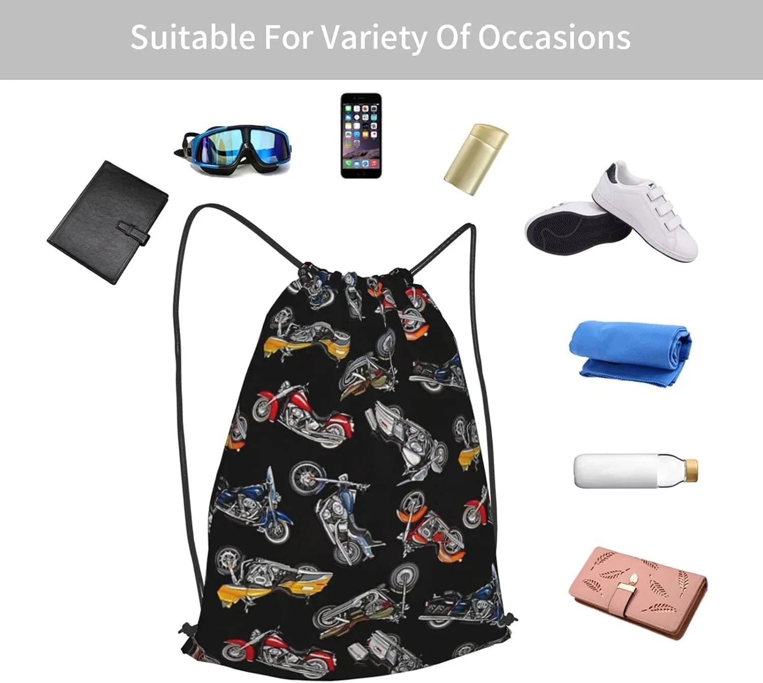 TumzfhQ Drawstring Backpack String Bag Sports Sackpack Gym Cinch Beach Travel Sack for Men Women Children Cartoon Motorcycles