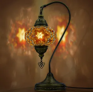 Turkish Moroccan Mosaic Swan Neck Lamp, Night Light, Tiffany Style, Vintage, Decorative Glass Table Lamp for Bedroom, Office, Living Room, Gift for Special Days/Person (Brown)