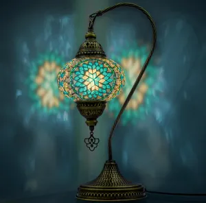 Turkish Moroccan Mosaic Swan Neck Lamp, Night Light, Tiffany Style, Vintage, Decorative Glass Table Lamp for Bedroom, Office, Living Room, Gift for Special Days/Person (Turquoise)