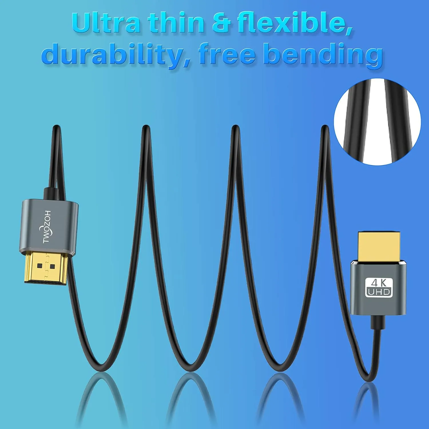 Twozoh Ultra-Thin HDMI to HDMI Cable 10FT, Hyper Slim HDMI 2.0 Cable, Extreme Flexible HDMI Cord Support 3D/4K@60Hz, 2160P, 1080P