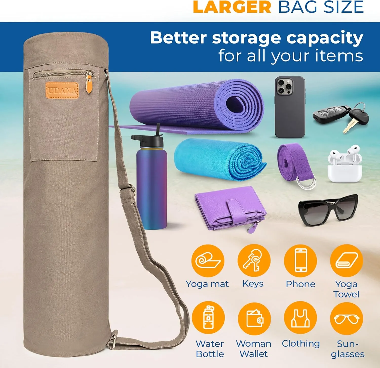 UDANA Yoga Mat Bag, Large – Fits Thick Mats, 3 Storage Pockets, Adjustable Strap