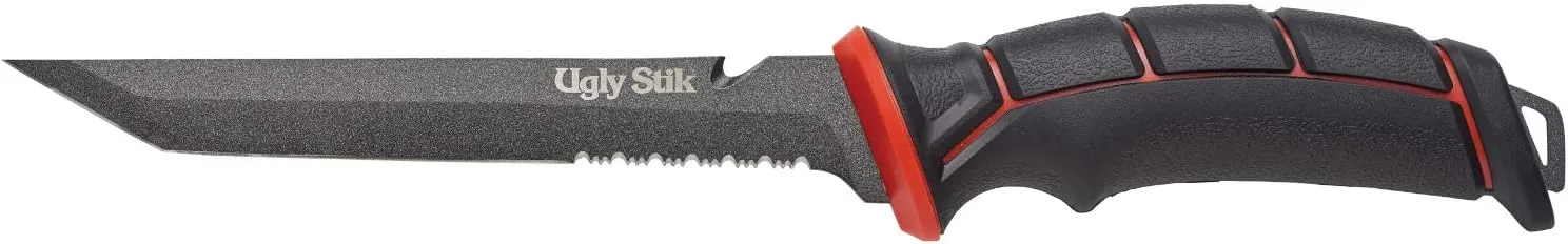 Ugly Stik Ugly Tools Utility Knife for Fishing, Red and Black, Fixed Tanto Partially Serrated Stainless Steel Blade, Non-Slip Grip Handle, Includes Line Cutter