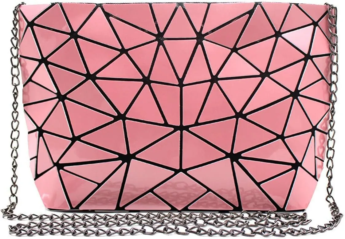 Ulalaza Geometric Lattice Luminous Purse Chain Crossbody Clutch Purses Tote Handbags Holographic for Women