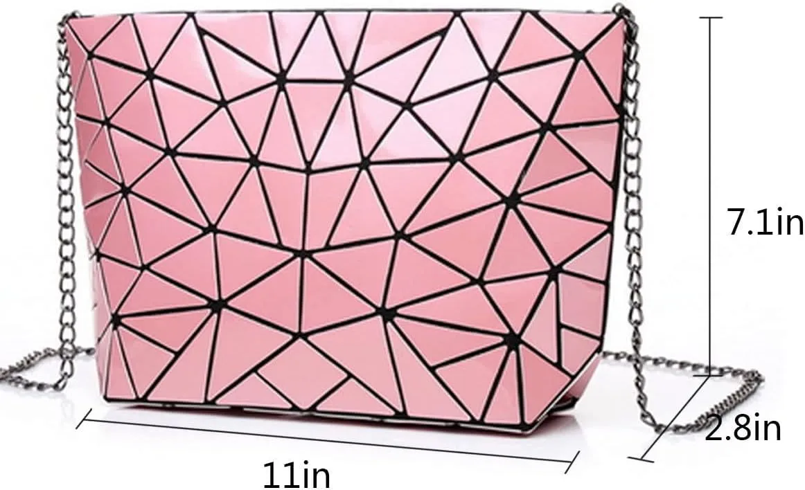 Ulalaza Geometric Lattice Luminous Purse Chain Crossbody Clutch Purses Tote Handbags Holographic for Women