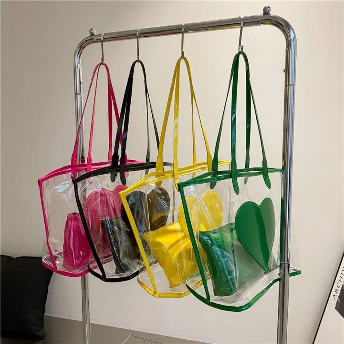 Ulalaza Large Candy Polka Color Clear Shoulder Bag 2 IN 1 Beach Totes Transparent Handbags With Interior Pocket For Women
