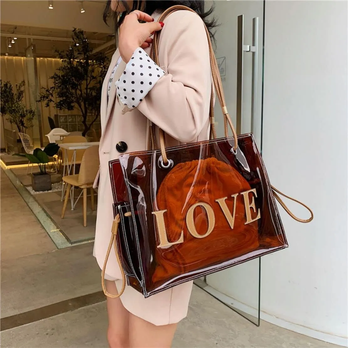 Ulalaza Large Candy Polka Color Clear Shoulder Bag 2 IN 1 Beach Totes Transparent Handbags With Interior Pocket For Women