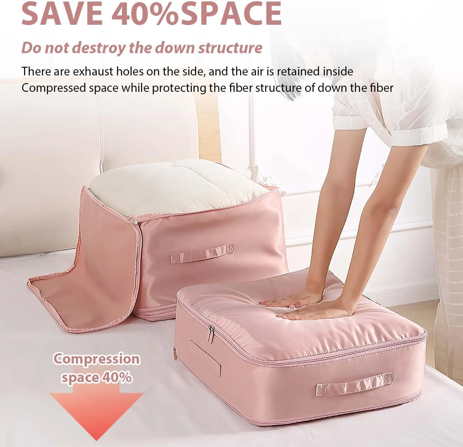 Ultra Space Saving Self Compression Organizer,New Heavy Duty Moving Bags,Clothing Storage Bags with Zipper for Comforters,Blankets,Bedding,Clothes(Pink,L-54 * 42 * 30cm)
