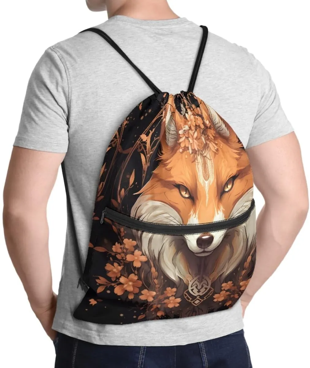 Unisex Creative Fox Print Zipper Drawstring Backpack Sports Gym Bag Sackpack Mini Travel Daypack,Cherry Blossom Fox