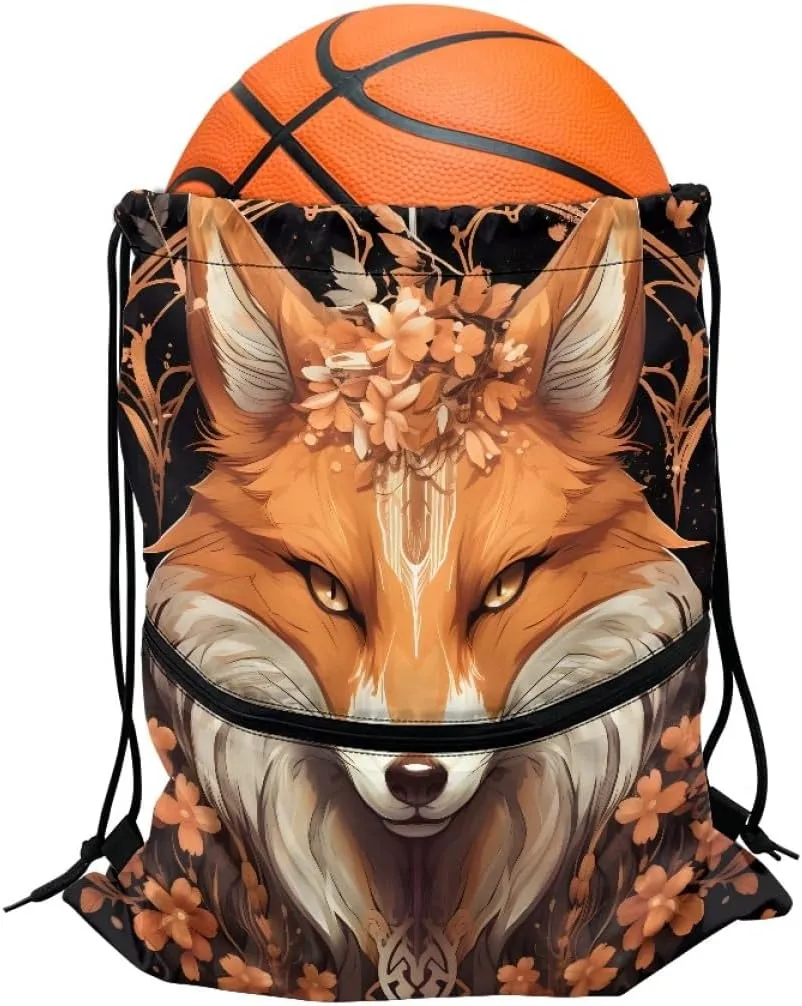 Unisex Creative Fox Print Zipper Drawstring Backpack Sports Gym Bag Sackpack Mini Travel Daypack,Cherry Blossom Fox