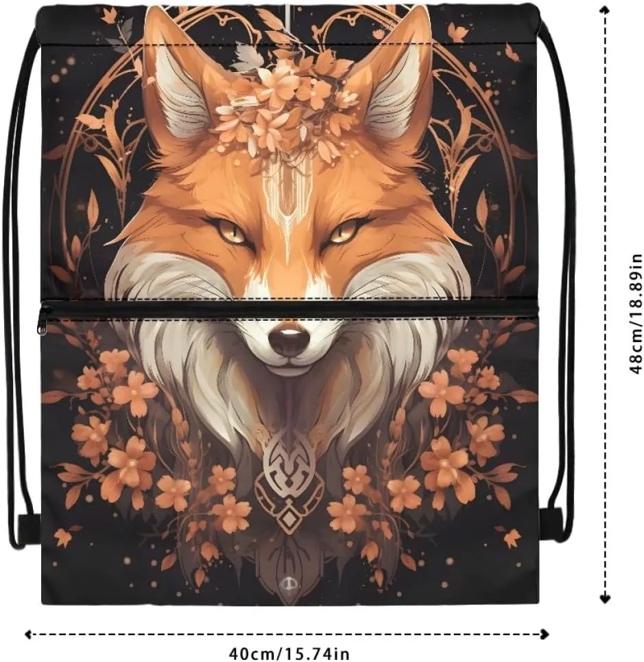 Unisex Creative Fox Print Zipper Drawstring Backpack Sports Gym Bag Sackpack Mini Travel Daypack,Cherry Blossom Fox