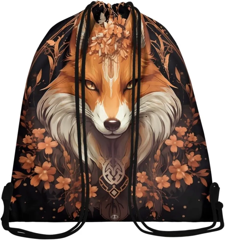 Unisex Creative Fox Print Zipper Drawstring Backpack Sports Gym Bag Sackpack Mini Travel Daypack,Cherry Blossom Fox