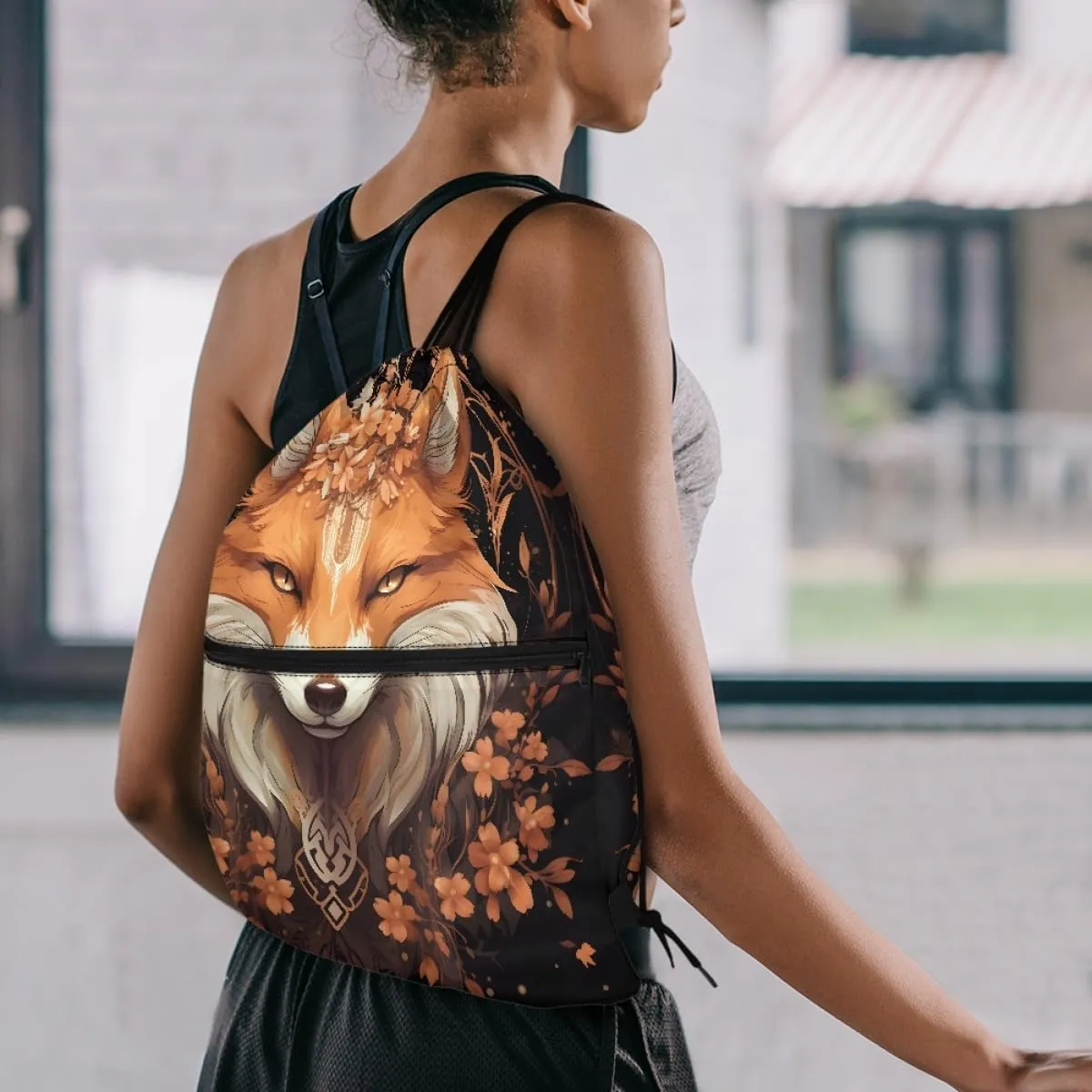 Unisex Creative Fox Print Zipper Drawstring Backpack Sports Gym Bag Sackpack Mini Travel Daypack,Cherry Blossom Fox