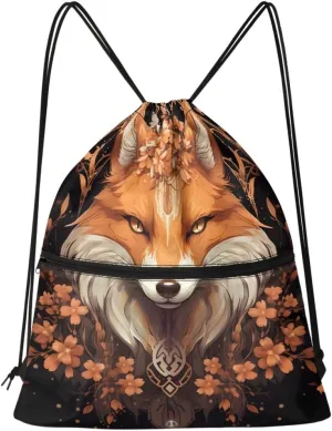 Unisex Creative Fox Print Zipper Drawstring Backpack Sports Gym Bag Sackpack Mini Travel Daypack,Cherry Blossom Fox