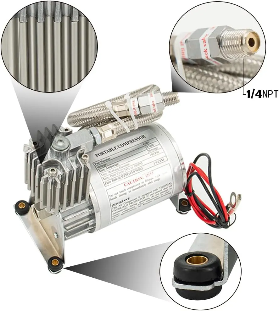 Universal 150 PSI Horns Heavy Duty Onboard Air Compressor, Replacement for Truck/Car Train Horn/Suspension/Ride/Bag kit/System and All 12v Vehicles like Semi/Pickup Trucks, Silver 1/4