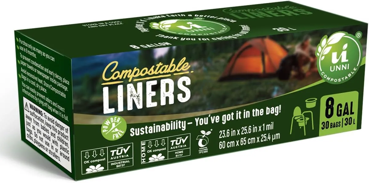 UNNI 100% Compostable Portable Toilet Bags, 8 Gallon, 30 Count, Heavy Duty, Biodegradable, Certified by BPI and OK Compost Home, Ideal for Home Composting