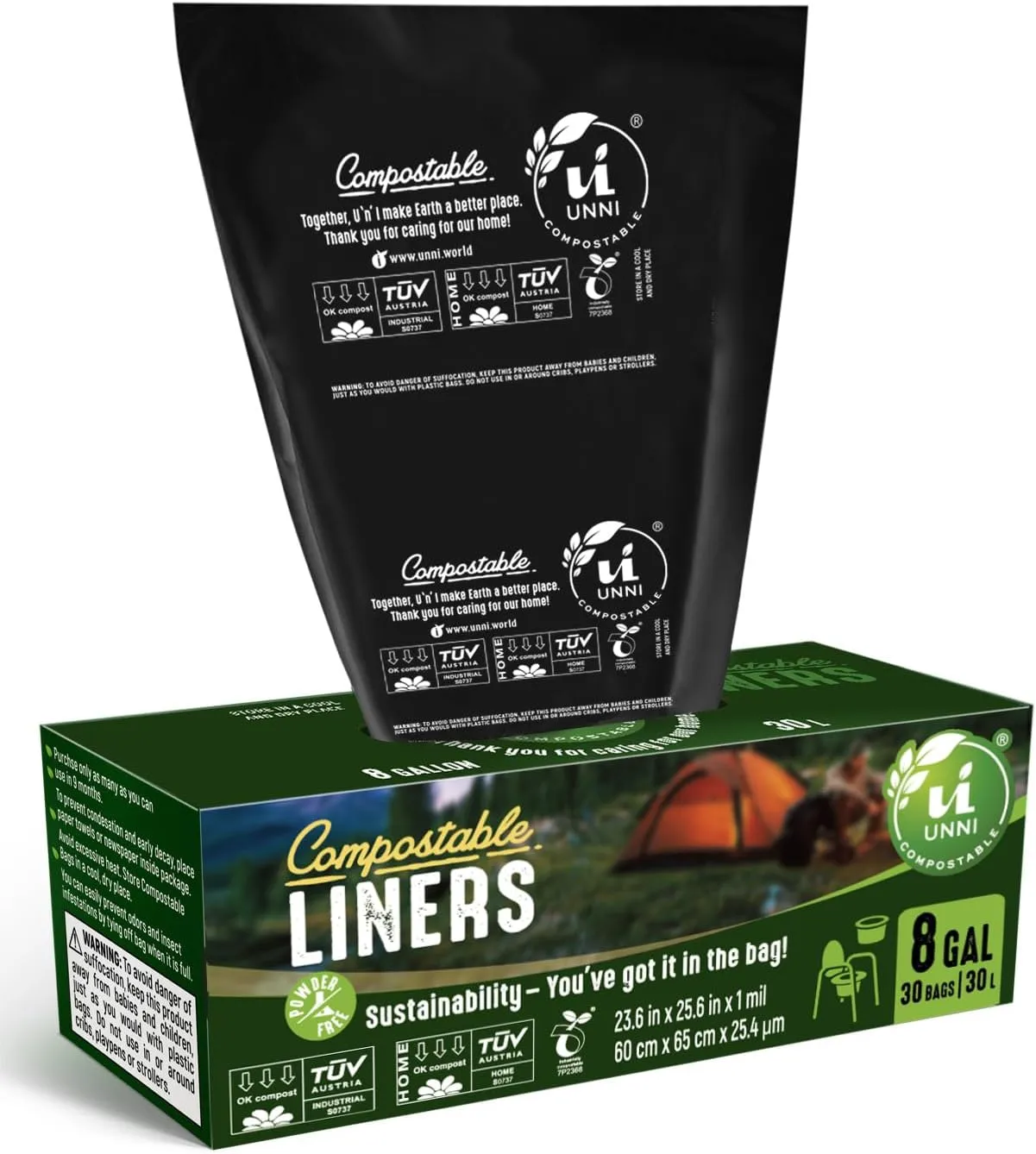 UNNI 100% Compostable Portable Toilet Bags, 8 Gallon, 30 Count, Heavy Duty, Biodegradable, Certified by BPI and OK Compost Home, Ideal for Home Composting