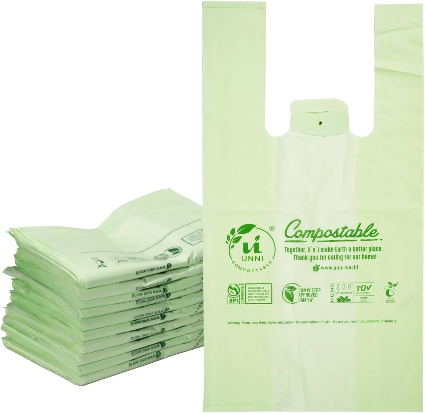 UNNI Certified Compostable Shopping Bags, 500 Count, Standard Size Shopper, 16.1" x 19.7", BPI, CMA & OK Compost Home Certified, Great for Farmers Markets, Grocery Stores, Restaurants, and On the Go