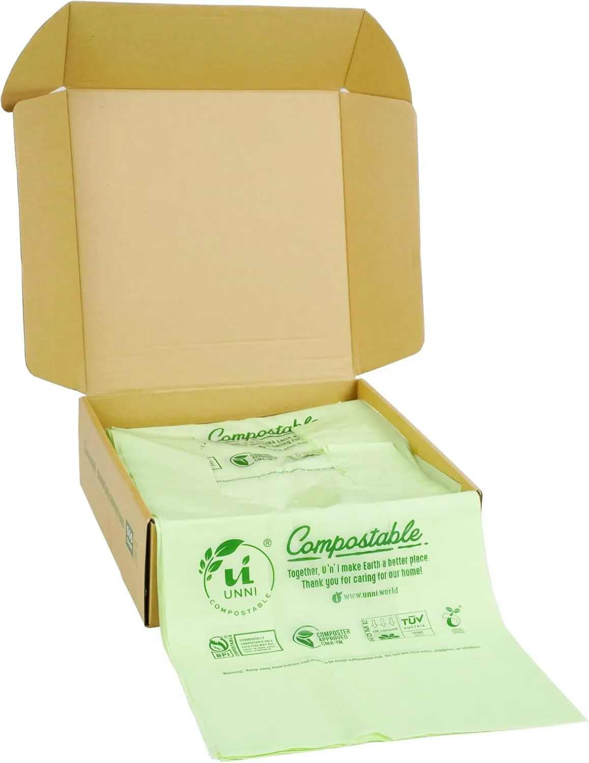 UNNI Certified Compostable Shopping Bags, 500 Count, Standard Size Shopper, 16.1" x 19.7", BPI, CMA & OK Compost Home Certified, Great for Farmers Markets, Grocery Stores, Restaurants, and On the Go