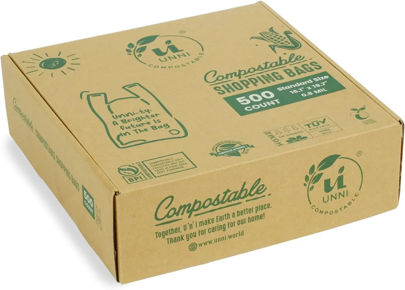 UNNI Certified Compostable Shopping Bags, 500 Count, Standard Size Shopper, 16.1" x 19.7", BPI, CMA & OK Compost Home Certified, Great for Farmers Markets, Grocery Stores, Restaurants, and On the Go