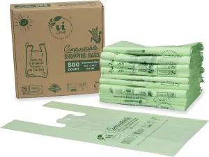 UNNI Certified Compostable Shopping Bags, 500 Count, Standard Size Shopper, 16.1" x 19.7", BPI, CMA & OK Compost Home Certified, Great for Farmers Markets, Grocery Stores, Restaurants, and On the Go