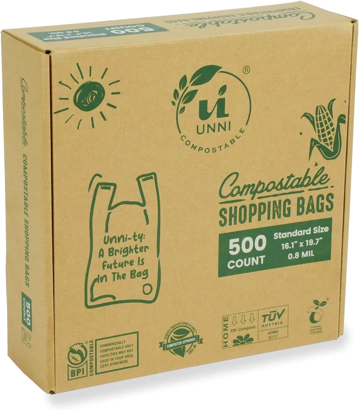 UNNI Certified Compostable Shopping Bags, 500 Count, Standard Size Shopper, 16.1" x 19.7", BPI, CMA & OK Compost Home Certified, Great for Farmers Markets, Grocery Stores, Restaurants, and On the Go