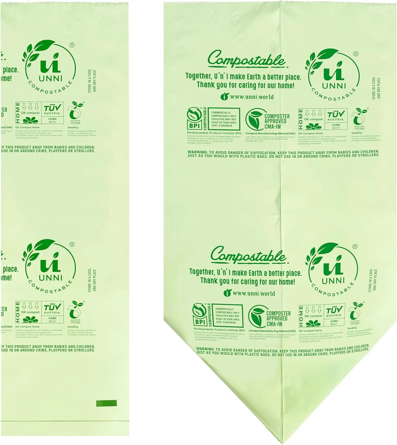 UNNI Compostable Liner Bags, 4 Gallon, 15 Liter, 100 Count, 0.75 Mil Extra Thick, Food Scrap Bags for Small Bins, ASTM D6400, US BPI, CMA and Europe OK compost HOME Certified, San Francisco